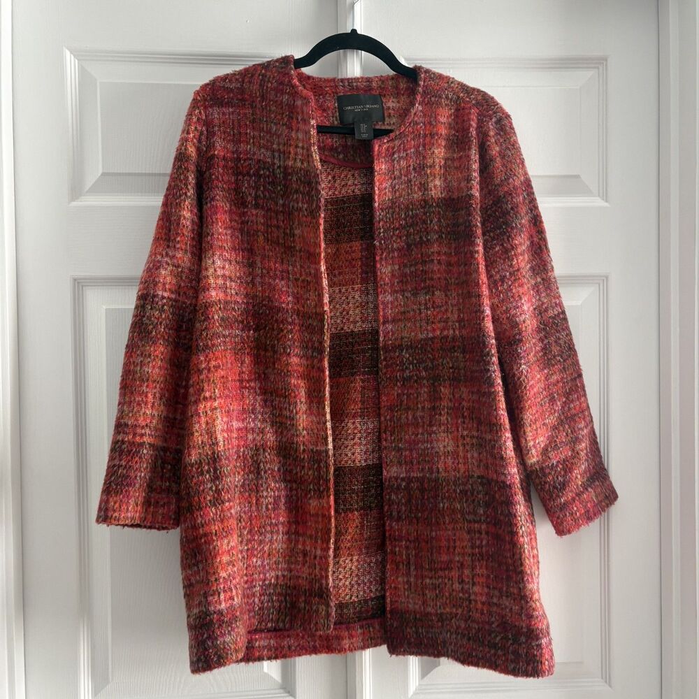 Christian Siriano New York Womens Open Front Cardigan Plaid Coat Sz Small